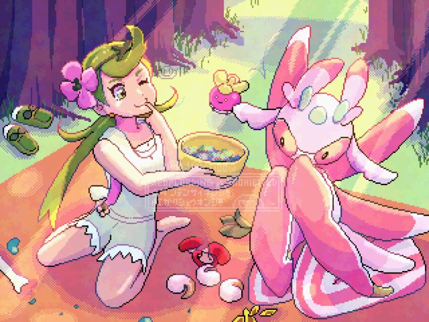 1girl ;) barefoot bounsweet bowl finger_to_mouth flower game_freak gen_7_pokemon grass green_eyes green_hair green_headband grey_overalls hand_up headband highres holding holding_bowl index_finger_raised long_hair lurantis mallow_(pokemon) nintendo o1168w one_eye_closed outdoors overalls pink_flower pink_shirt pixel_art pokemon pokemon_(creature) pokemon_sm shirt shoes sitting smile tree unworn_shoes wariza