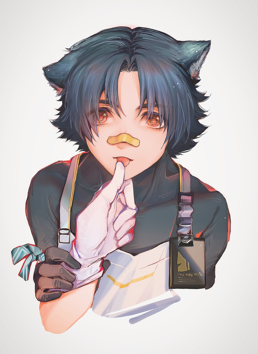 1boy 1other :p absurdres animal_ears apron arknights bandaid bandaid_on_face bandaid_on_nose bishounen black_gloves black_hair black_shirt closed_mouth cropped_torso disembodied_hand dog_boy dog_ears gloves hand_on_another&#039;s_chin hand_up highres holding_another&#039;s_arm id_card looking_at_viewer male_focus orange_eyes shirt short_hair simple_background stepcacc tongue tongue_out white_apron white_background white_gloves windflit_(arknights)