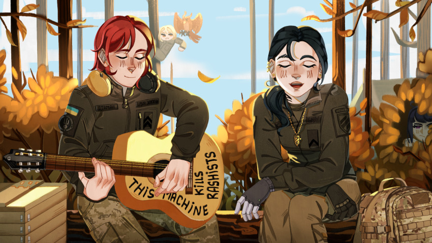 1boy 1girl 3rd_assault_brigade acoustic_guitar autumn azov_battalion backpack bag bird black_hair blush box bush climbing climbing_tree closed_eyes combat_uniform commentary duet earrings english_commentary eva_(kavunyak) gloves gold_earrings guitar hanna_kovalchuk headphones headphones_around_neck hiding highres holding holding_guitar holding_instrument in_tree instrument international_legion_of_ukraine jewelry kenneth_del_duca linyvets_chan marichka military_combat_uniform military_uniform music nature necklace open_mouth original owl playing_guitar playing_instrument prosthesis prosthetic_arm red_hair russo-ukrainian_war singing sitting sitting_in_tree soldier tree ukraine ukrainian_flag ukrainian_text