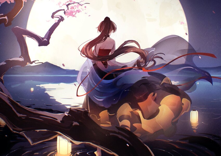 azur_lane cherry_tree dress full_moon hatski.sin jean_bart_(azur_lane) jean_bart_(springlight_etoiles)_(azur_lane) lantern long_hair moon night night_sky paper_lantern reflection reflective_water scenery sky strapless strapless_dress tagme