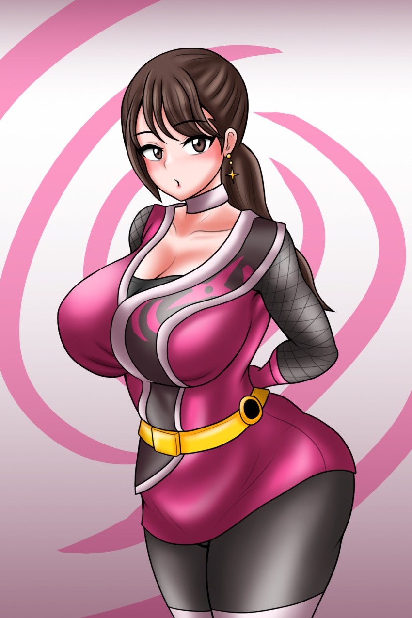 1girl bodysuit brown_eyes brown_hair earrings highres jewelry momochi_kasumi no_headwear pin_up shuriken_sentai_ninninger super_sentai treezero