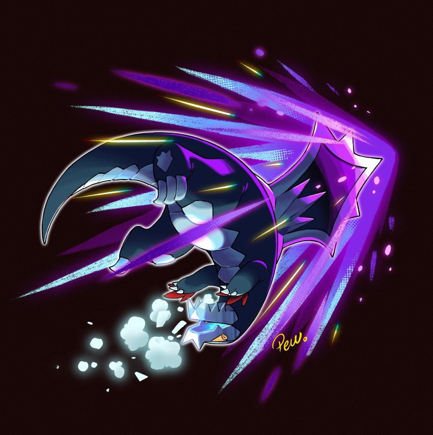 absurdres animal_focus artist_name baxcalibur black_background claws commentary dark_background english_commentary full_body glaive_rush_(pokemon) highres nintendo no_humans outline pewzero pokemon pokemon_(creature) pokemon_focus pokemon_move scales solo tail upside-down white_outline yellow_eyes