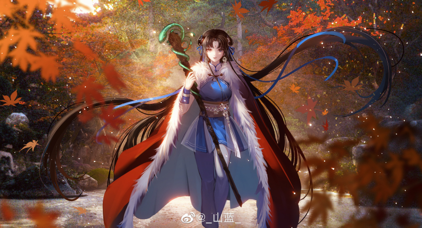 1girl absurdres blue_dress brown_hair cane cape closed_mouth double_bun dress earrings facial_mark forehead_mark fur-trimmed_cape fur_trim hair_bun hair_ribbon highres jewelry leaf long_hair maple_leaf outdoors ribbon sash shan_lan solo thighhighs upper_body water xianjian_qixia_zhuan zhao_linger