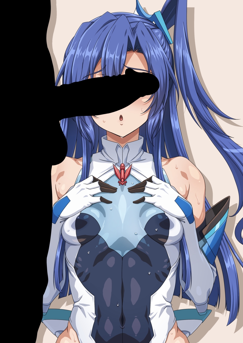 1boy 1girl absurdres bare_shoulders blue_hair blush breasts covered_navel elbow_gloves gloves highres kazanari_tsubasa leotard long_hair open_mouth penis_awe senki_zesshou_symphogear side_ponytail skin_tight small_breasts sweat syunzou upper_body