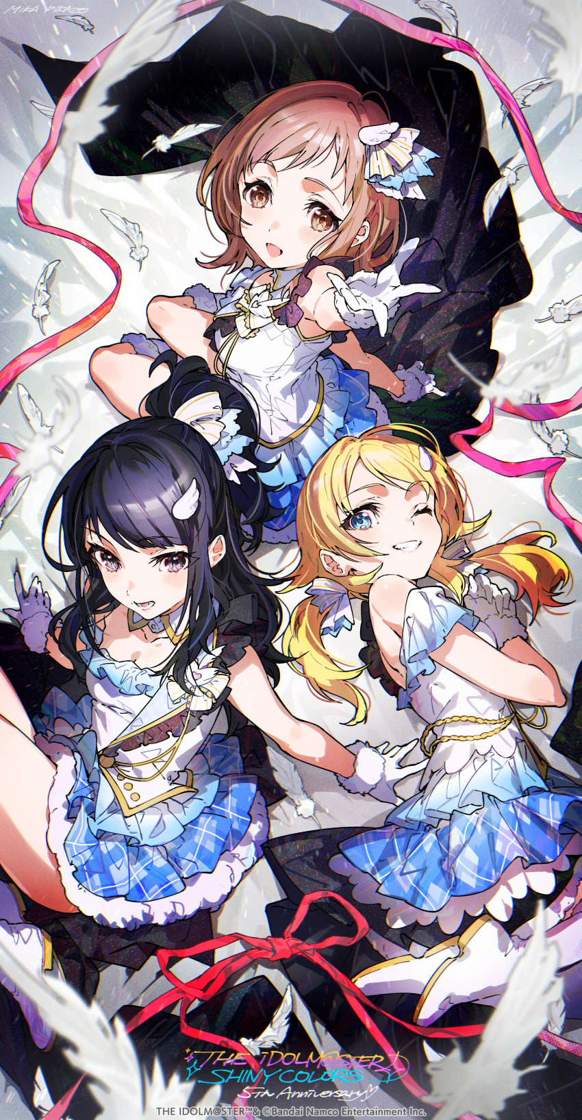 absurdres anniversary blonde_hair blue_eyes feathers gloves hachimiya_meguru highres idolmaster idolmaster_shiny_colors illumination_stars_(idolmaster) long_hair mika_pikazo shoes smile white_gloves white_shoes