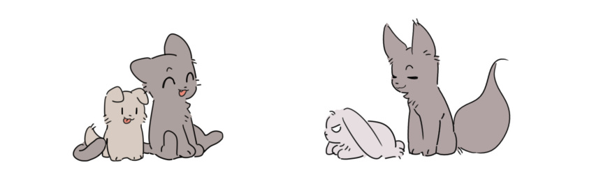 animalization blank_eyes cat chinese_commentary choi_kyung closed_eyes commentary dog fox friendly_rivalry grey_fur highres joo_ye-ri molu_stranger no_humans open_mouth rabbit sitting smile woo_seul-gi yoo_je-i