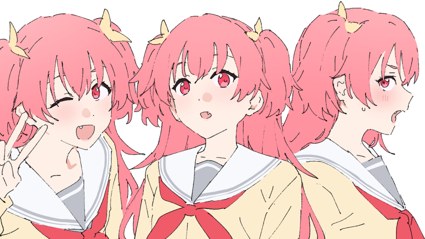 1girl ;d cardigan fang from_side hair_ribbon highres long_hair mikazuchi_zeus miyamasuzaka_girls&#039;_academy_school_uniform momoi_airi multiple_views neckerchief one_eye_closed open_mouth pink_eyes pink_hair profile project_sekai red_neckerchief ribbon sailor_collar school_uniform serafuku small_sweatdrop smile two_side_up v white_sailor_collar yellow_cardigan yellow_ribbon