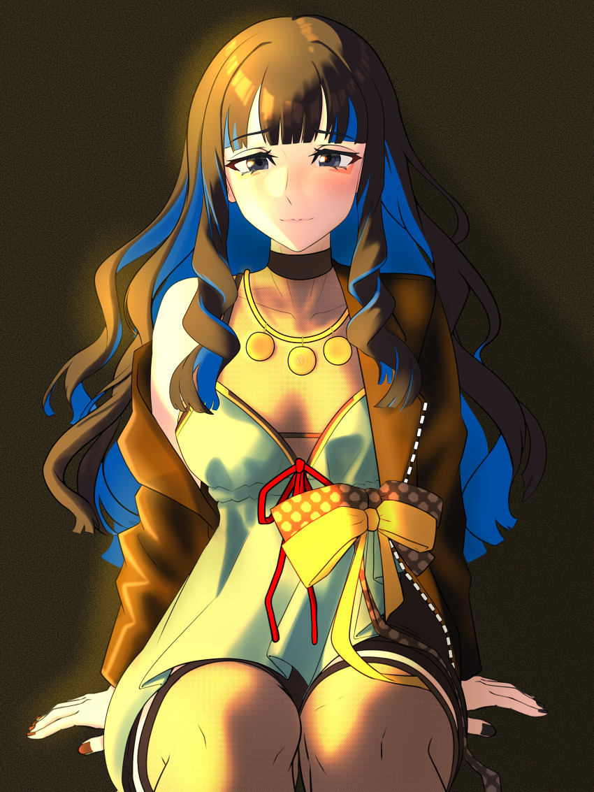 1girl absurdres black_hair black_jacket black_shorts blue_hair blush breasts brown_thighhighs colored_inner_hair dantonphanton dress eyeliner fate/grand_order fate_(series) green_dress grey_eyes highres jacket jewelry long_hair long_sleeves looking_at_viewer makeup medium_breasts multicolored_hair necklace open_clothes open_jacket see-through_cleavage see-through_clothes shorts sidelocks sitting smile solo tenochtitlan_(event_portrait)_(fate) tenochtitlan_(fate) thighhighs thighs