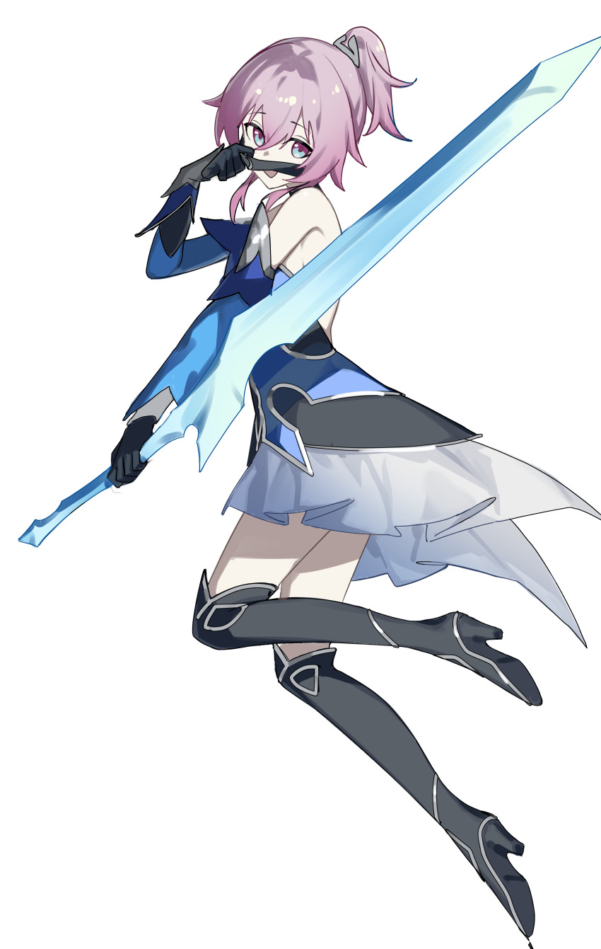 1girl absurdres alternate_hairstyle armpit_peek backless_dress backless_outfit bare_shoulders black_boots black_gloves blue_dress blue_eyes blue_sleeves boots cosplay detached_sleeves dress finger_to_own_nose full_body gloves high_heel_boots high_heels highres holding holding_sword holding_weapon honkai:_star_rail honkai_(series) jingliu_(honkai:_star_rail) jingliu_(honkai:_star_rail)_(cosplay) knee_boots long_sleeves march_7th_(honkai:_star_rail) medium_hair open_mouth pink_eyes pink_hair pink_pupils ponytail short_dress simple_background solo sword vixsi_art weapon white_background