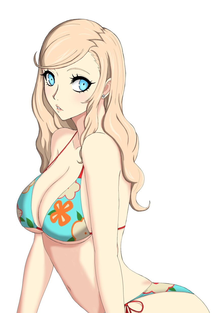 1girl absurdres aqua_bikini bikini blonde_hair blue_eyes breasts cleavage earrings floral_print floral_print_bikini highres jewelry large_breasts long_hair looking_at_viewer nahone_peko parted_lips persona persona_5 simple_background solo stud_earrings swimsuit takamaki_anne wavy_hair white_background