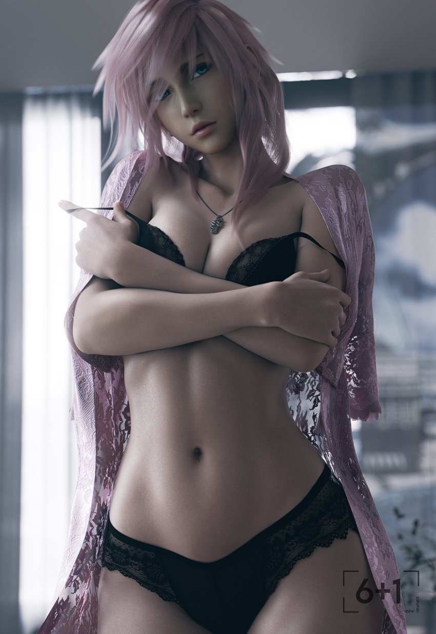1girl 3d absurdres black_bra black_panties blender_(medium) blue_eyes blurry blurry_background bra breasts cleavage commentary crossed_arms final_fantasy final_fantasy_xiii head_tilt highres jewelry lace lace-trimmed_bra lace-trimmed_panties lace-trimmed_robe lace_trim lightning_farron medium_breasts necklace panties pink_hair pink_robe robe seven_(sixplusone) solo strap_pull strap_slip thighs toned toned_female underwear