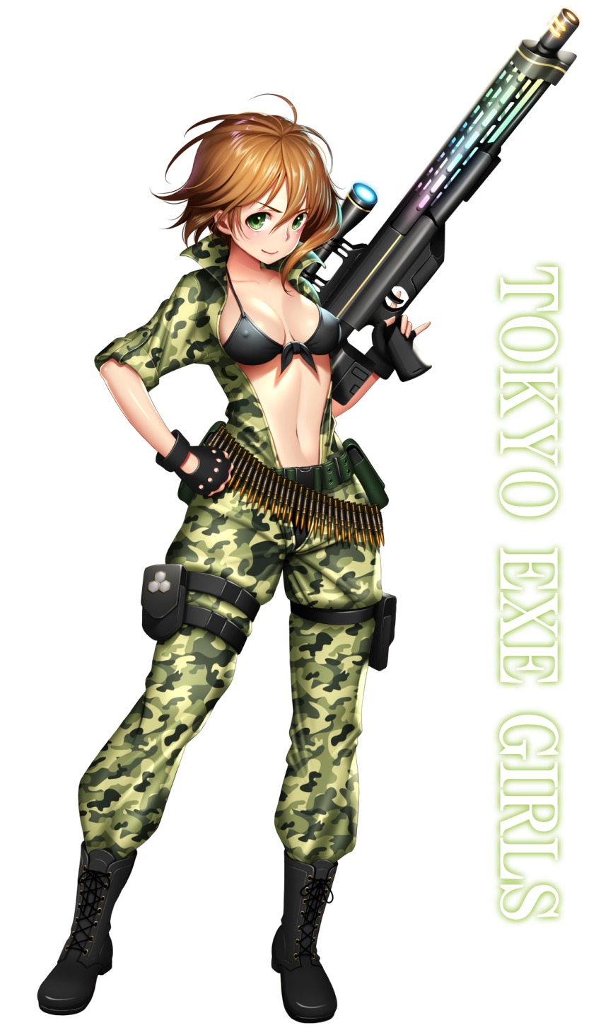 1girl ammunition_belt bad_id bad_pixiv_id belt bikini black_bikini boots brown_hair bullpup camouflage camouflage_jumpsuit center_opening combat_boots covered_erect_nipples female_focus fingerless_gloves front-tie_top full_body gloves green_eyes gun hand_on_own_hip highres holster ichigaya_ayane jumpsuit looking_at_viewer navel open_clothes open_jumpsuit re:shimashima rifle scope shirt short_hair simple_background smile sniper_rifle solo swimsuit thigh_holster tokyo_exe_girls trigger_discipline weapon white_background