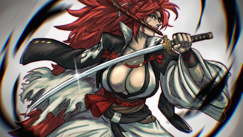 1girl amputee baiken big_hair breasts cleavage eyepatch facial_tattoo guilty_gear guilty_gear_strive highres japanese_clothes katana kimono long_hair masan_(masanart) multicolored_kimono one-eyed open_clothes open_kimono pink_hair ponytail red_eyes samurai scar scar_across_eye scar_on_face solo sword tattoo weapon