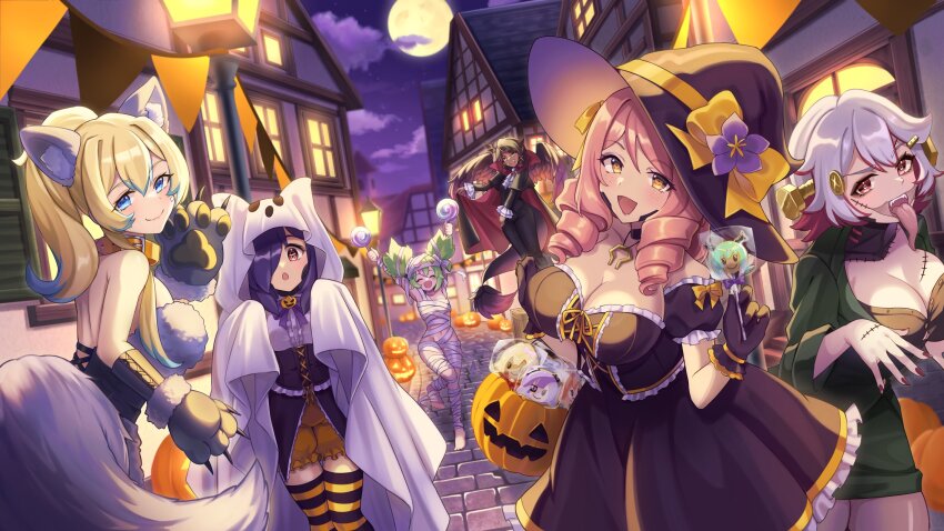 6+girls animal_collar animal_costume animal_ear_fluff animal_ears animal_hands ascot barefoot black_choker black_dress black_gloves black_hair black_hat black_thighhighs blonde_hair blue_eyes blue_hair bow breasts building bunting buttons center_frills ceru_foxhound character-themed_food choker cleavage closed_eyes closed_mouth cloud collar dress drill_hair flower frilled_dress frills full_moon fur_trim ghost_costume gloves green_dress grey_hair hair_over_one_eye hat hat_bow hat_flower highres holding holding_shell jack-o&#039;-lantern jack-o&#039;-lantern_brooch jewelry large_breasts long_hair long_sleeves long_tongue mara_vespidae moon multicolored_hair multiple_girls mummy_costume navel necklace night night_sky open_mouth orange_collar orange_thighhighs phyla_einrose ponytail purple_bow purple_flower quetzu_solscale red_eyes red_hair screw_hair_ornament shell sinthya_sanguine sky smile stitched_chest stitched_face stitched_hand stitches streaked_hair striped_clothes striped_thighhighs symbol-shaped_pupils tail thighhighs tongue tongue_out two-tone_thighhighs vallure vampire_costume virtual_youtuber white_ascot willo_wildfire witch_hat wolf_costume yellow_bow yellow_eyes yumeha_tseru