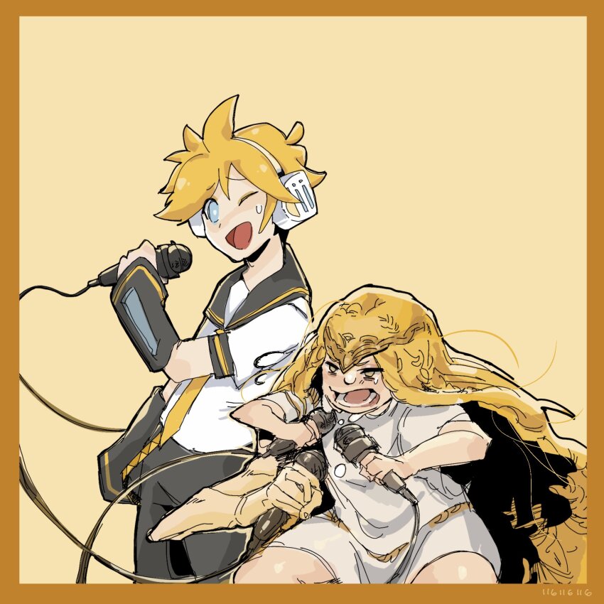 116116116el 2boys blonde_hair blue_eyes border circlet commission curtained_hair elden_ring:_shadow_of_the_erdtree extra_arms gold_circlet headphones highres holding holding_microphone kagamine_len long_hair microphone miquella_(elden_ring) multiple_boys necktie one_eye_closed ponytail sailor_collar short_ponytail signature sleeveless_tunic spiked_hair sweat sweatdrop trait_connection tunic vocaloid white_tunic yellow_background yellow_border yellow_necktie