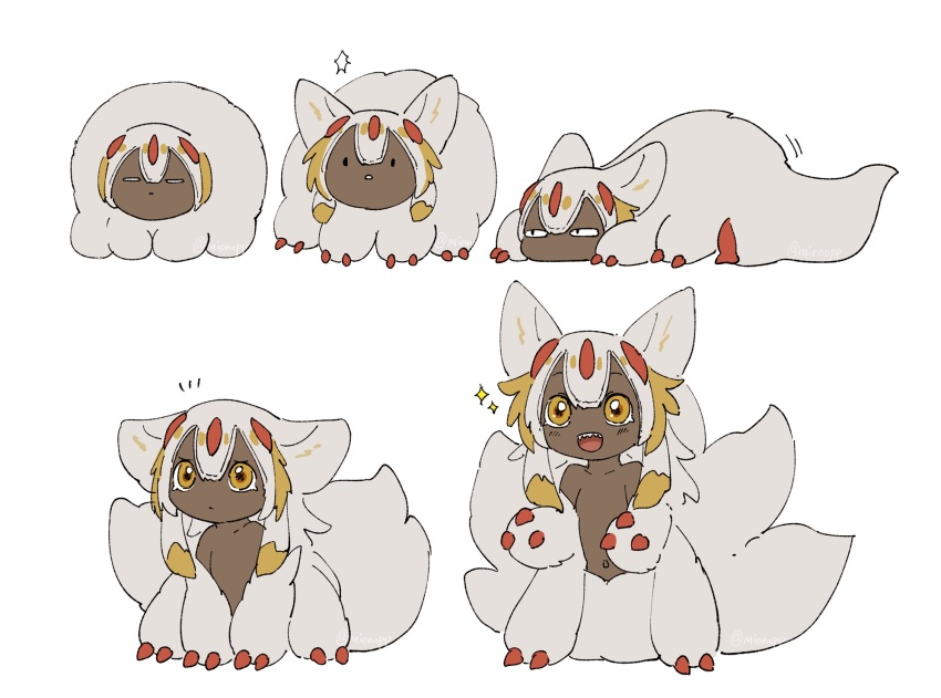 1girl =_= claws closed_eyes dark-skinned_female dark_skin extra_arms faputa full_body highres horns kawasemi27 looking_at_viewer lying made_in_abyss monster_girl multicolored_hair multiple_tails multiple_views navel notice_lines on_stomach open_mouth red_horns sharp_teeth simple_background solid_oval_eyes sparkle streaked_hair tail teeth white_background white_hair yellow_eyes
