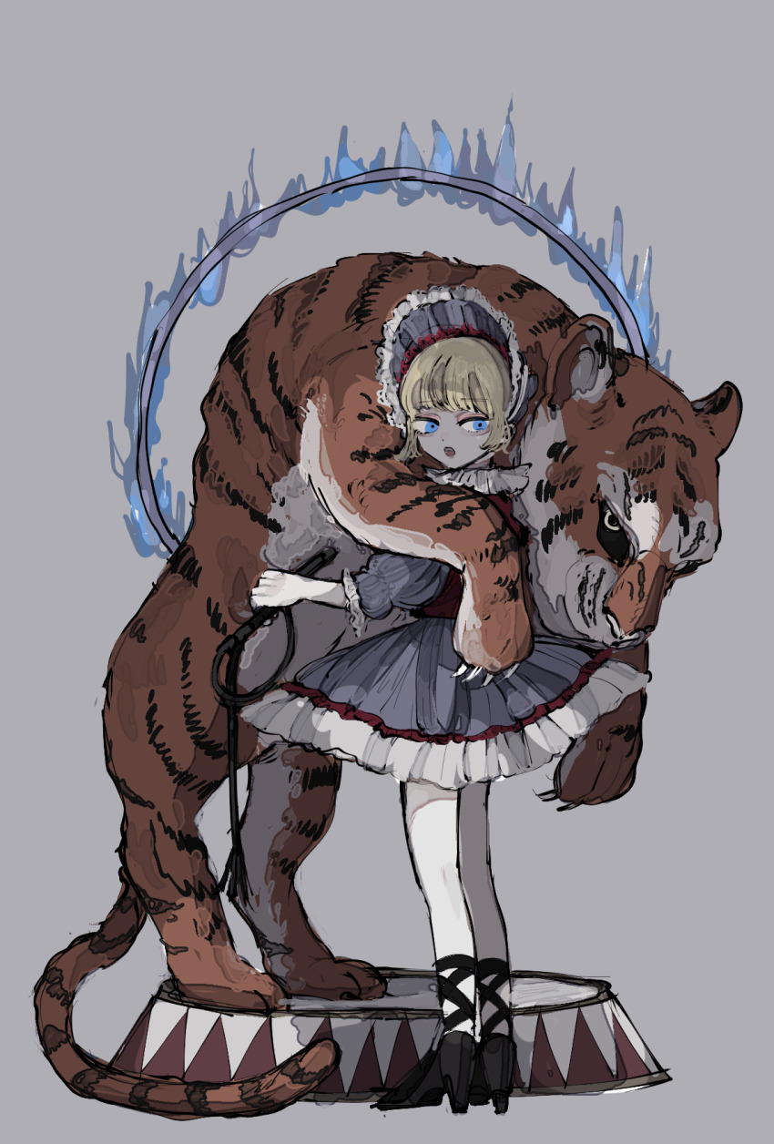 1girl animal animal_hug blonde_hair blue_eyes blunt_bangs bonnet circus dress frilled_dress frills from_behind grey_background high_heels highres holding holding_whip hug looking_back looking_to_the_side open_mouth original pantyhose puffy_sleeves ring_of_fire satou_uzura tiger whip