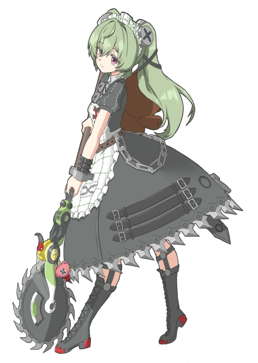 1girl absurdres animal_bag apron bear_bag black_boots black_dress boots circular_saw closed_mouth corin_wickes cuffs dress full_body green_hair highres holding holding_weapon knee_boots long_hair maid maid_apron maid_headdress neochinco purple_eyes saw screw screw_hair_ornament solo twintails weapon white_apron zenless_zone_zero