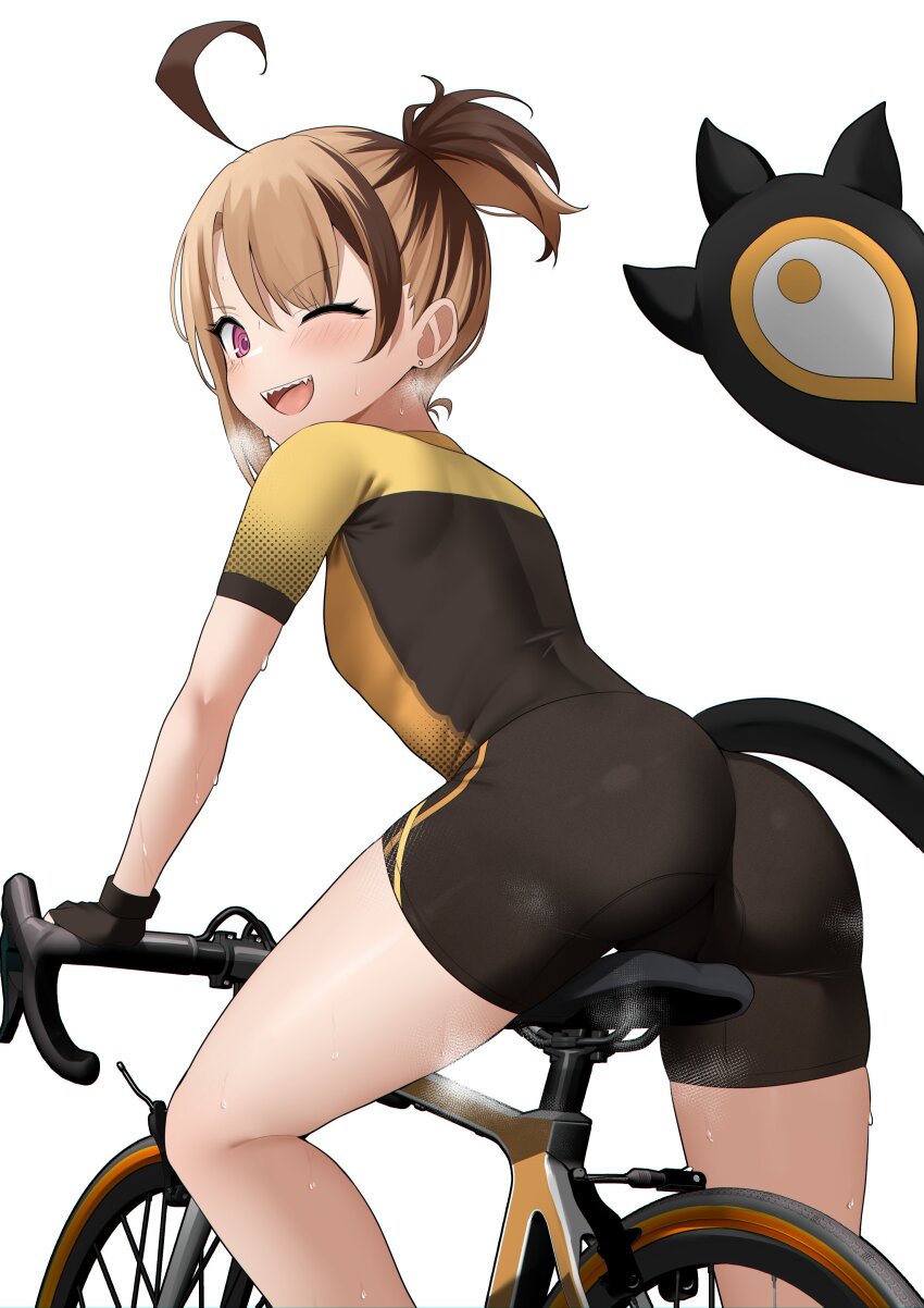 1girl ;d absurdres alternate_costume alternate_hairstyle ass bicycle biker_clothes bikesuit black_bodysuit black_gloves blonde_hair bodysuit brown_hair commentary gigi_murin gloves highres hololive hololive_english looking_at_viewer looking_back multicolored_hair one_eye_closed open_mouth pink_eyes raikkonen riding riding_bicycle short_hair short_sleeves simple_background smile solo symbol-only_commentary tail two-tone_hair virtual_youtuber white_background yellow_bodysuit