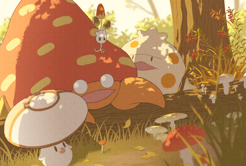 :d blank_eyes blurry blurry_foreground claws commentary_request day foongus game_freak gen_1_pokemon gen_3_pokemon gen_5_pokemon gen_7_pokemon highres morelull mushroom nintendo no_humans open_mouth outdoors parasect pokemon pokemon_(creature) schwarz39 shadow shroomish smile solid_oval_eyes tree