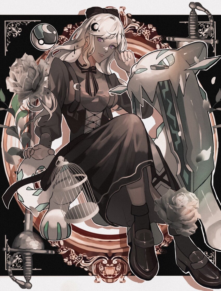 1girl animal_feet birdcage blue_sclera border brown_dress brown_footwear cage chien-pao colored_sclera crescent crescent_hair_ornament dress hair_ornament highres leaf mirror moon_(ornament) moon_ball nintendo original outline pink_eyes poke_ball pokemon pokemon_(creature) reo_(mmocc123) ribbon sitting white_border white_eyes white_outline