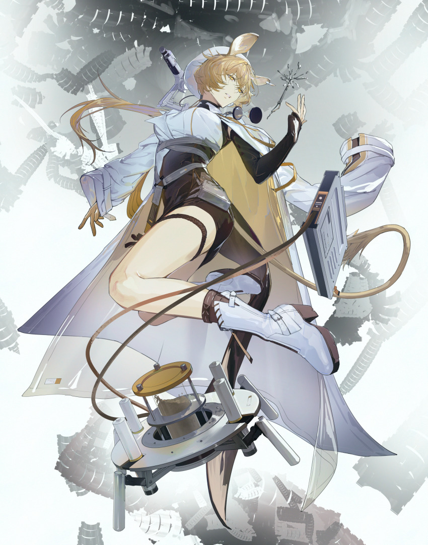1girl absurdres arknights arm_warmers black_dress blonde_hair boots coat coat_partially_removed commentary_request dorothy_(arknights) dress ear_tag full_body gloves hand_up highres hourglass lab_coat long_hair long_sleeves mouse_girl mouse_tail ngxf8784 parted_lips short_dress single_arm_warmer single_glove sleeveless sleeveless_dress solo tail thigh_strap two-sided_coat two-sided_fabric two-tone_dress white_boots white_coat white_dress white_headwear yellow_coat yellow_eyes yellow_gloves