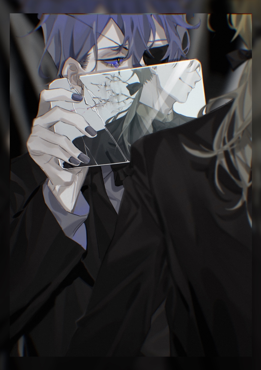 2boys absurdres bill_cipher black_jacket blonde_hair blue_hair blue_sclera blurry border broken_glass broken_mirror colored_sclera colored_tears covered_mouth crack depth_of_field dual_persona eyepatch formal_clothes glass gravity_falls grey_nails grey_shirt hand_up highres holding holding_mirror jacket llwwdouyacaier long_hair long_sleeves looking_away low_ponytail male_focus mirror multiple_boys nail_polish one_eye_covered out_of_frame personification ponytail profile reverse_falls_(gravity_falls) shirt sideways_glance smirk suit tears upper_body will_cipher