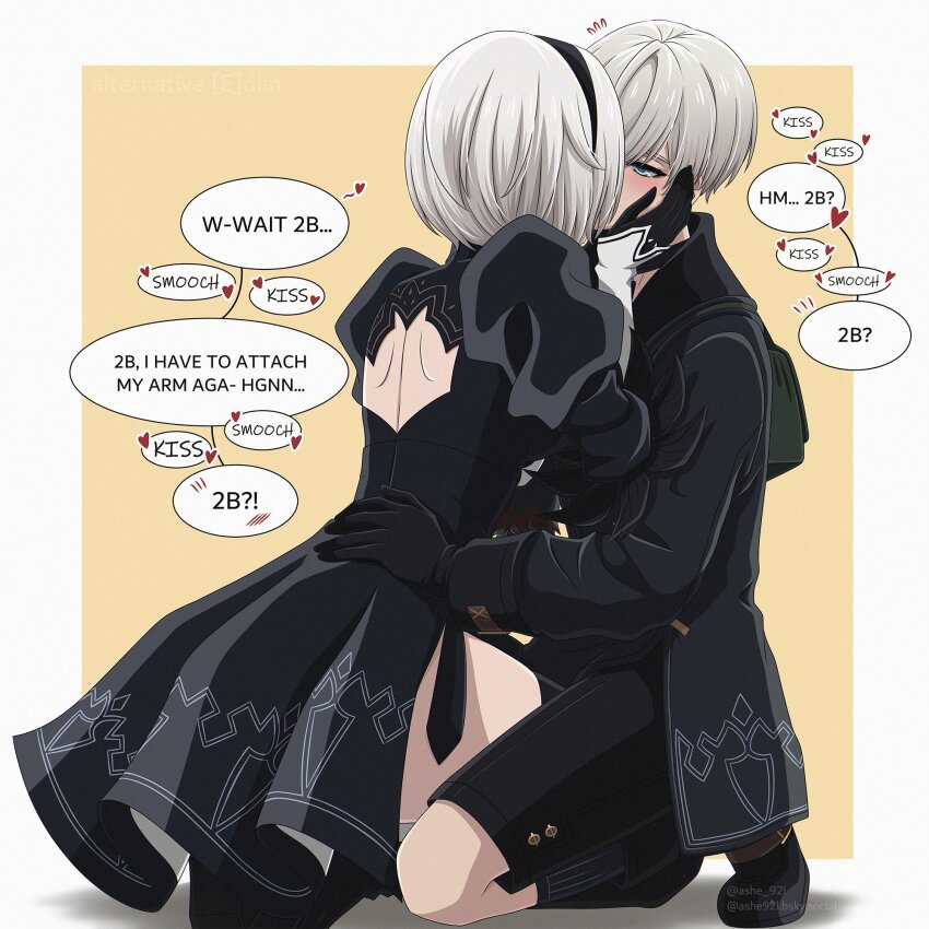1boy 1girl 2b_(nier:automata) 9s_(nier:automata) back_cutout black_boots black_dress black_gloves black_hairband black_jacket black_shorts blue_eyes blush boots clothing_cutout commentary couple dress english_commentary english_text flying_sweatdrops full_body gloves grey_hair hairband hand_on_another&#039;s_cheek hand_on_another&#039;s_face hand_on_another&#039;s_hip heart hetero highres jacket juliet_sleeves kiss kneeling long_hair long_sleeves looking_at_another nier:automata nier_(series) outside_border puffy_sleeves shirl_geem short_hair shorts speech_bubble thighs