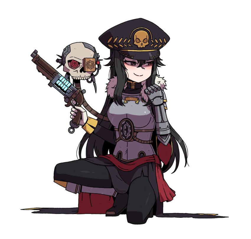 1girl armor black_boots black_dress black_hair black_hat black_jacket black_pantyhose blush boots breastplate breasts brown_eyes closed_mouth commentary commission dress full_body fur-trimmed_jacket fur_trim gauntlets gun handgun hat highres holding holding_gun holding_weapon jacket karepack knee_boots long_hair long_sleeves looking_to_the_side medium_breasts mole mole_under_eye on_one_knee original pantyhose peaked_cap servo-skull simple_background single_gauntlet skull smile solo squatting very_long_hair warhammer_40k weapon white_background