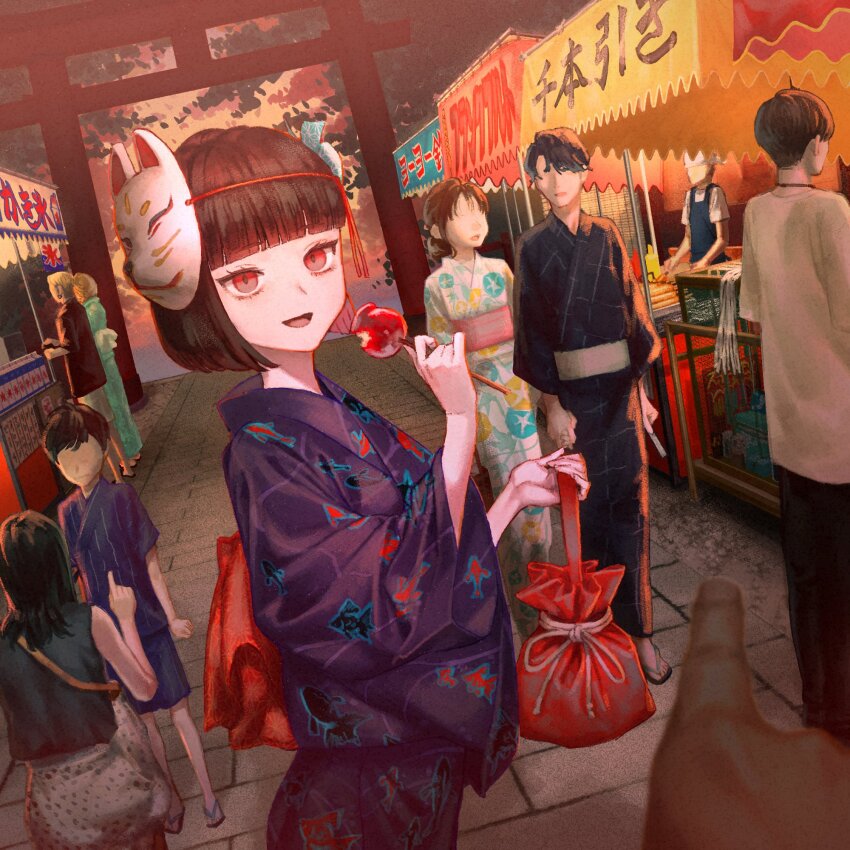 4girls 5boys black_hair candy_apple commentary_request festival food fox_mask highres japanese_clothes kimono looking_at_viewer market_stall mask mask_on_head matsu_bokkuri multiple_boys multiple_girls original outdoors pointing pov red_eyes short_hair smile summer_festival torii yukata