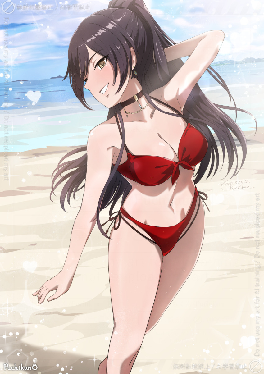 1girl beach bikini black_choker black_hair breasts choker cleavage feet_out_of_frame front-tie_bikini_top front-tie_top highres horizon idolmaster idolmaster_shiny_colors large_breasts long_hair looking_at_viewer multi-strapped_bikini_bottom ocean parted_lips ponytail puchikun red_bikini shirase_sakuya side-tie_bikini_bottom solo standing swimsuit yellow_eyes