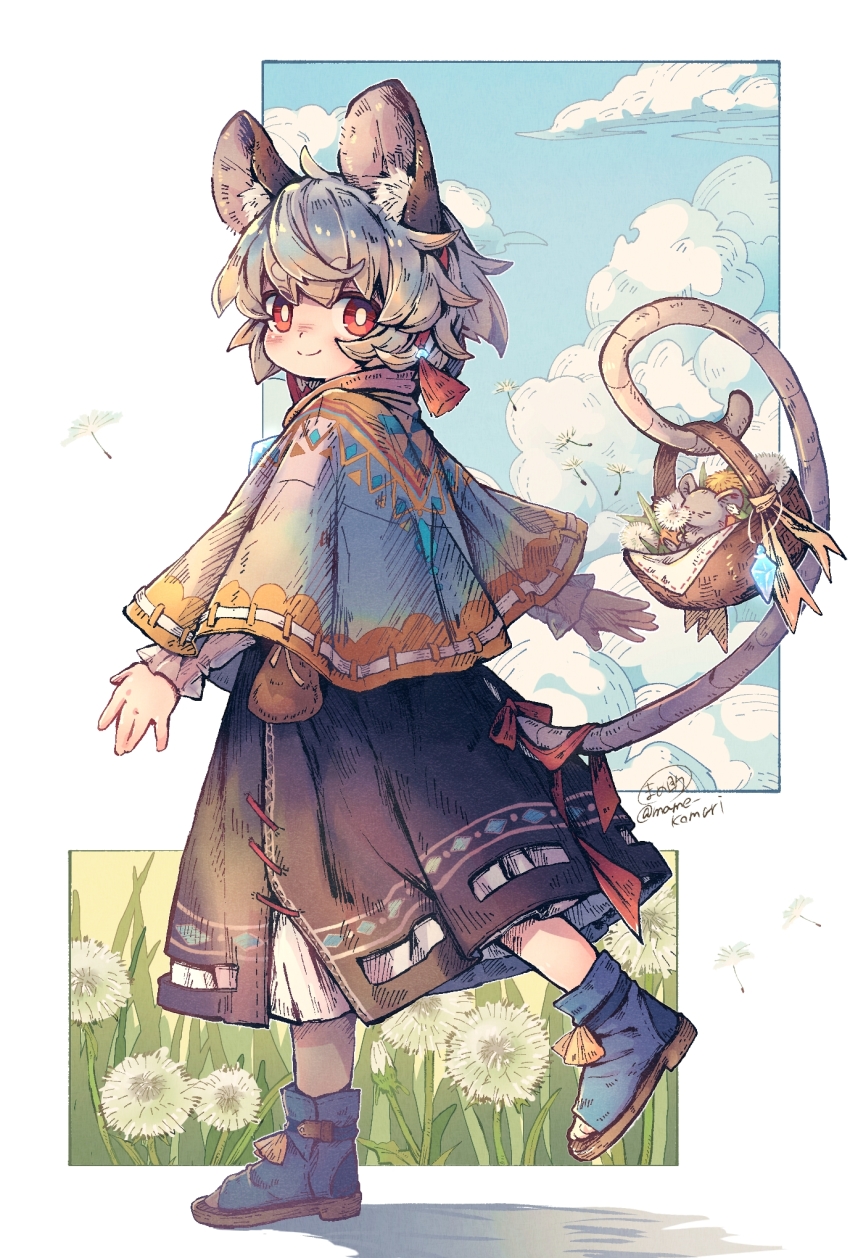 1girl animal_ears basket black_boots black_skirt blush boots bright_pupils capelet closed_mouth cloud commentary_request day foot_up full_body grey_capelet grey_hair highres holding holding_basket long_sleeves looking_at_viewer mame_komari mouse_(animal) mouse_ears mouse_girl mouse_tail nazrin open-toe_boots outdoors pouch prehensile_tail red_eyes short_hair skirt smile solo spring_(season) standing standing_on_one_leg tail thick_eyebrows touhou twitter_username