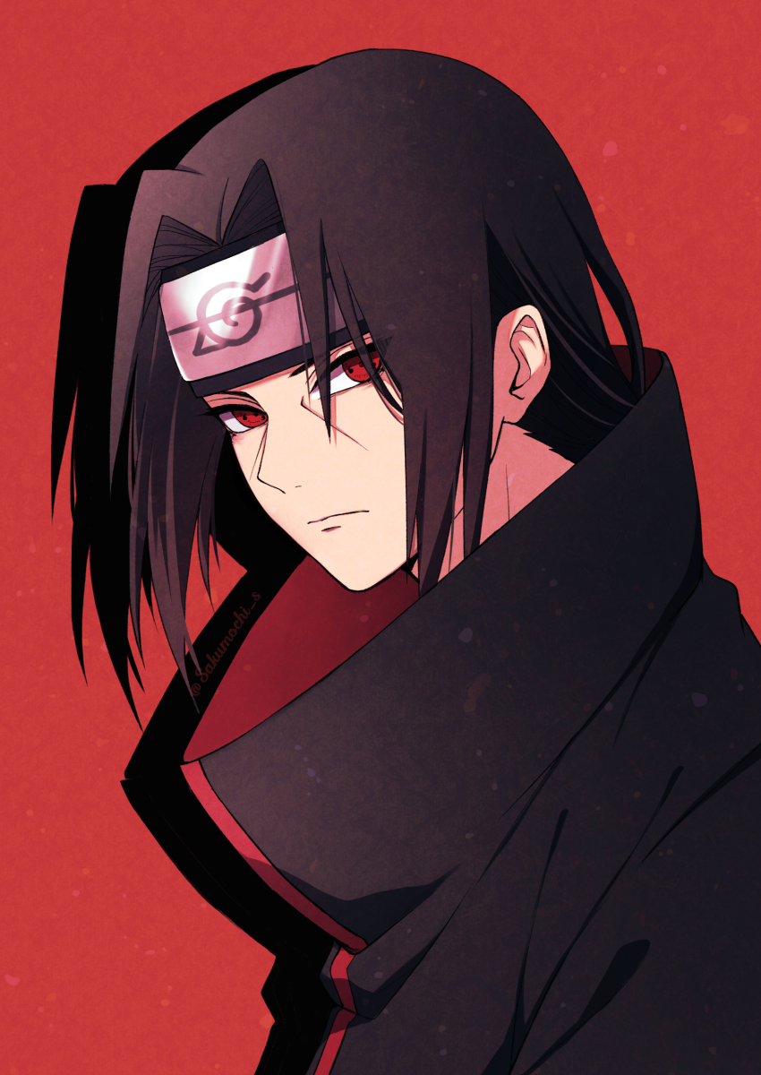 1boy absurdres akatsuki_uniform black_coat black_hair closed_mouth coat forehead_protector highres konohagakure_symbol looking_at_viewer male_focus mochiii-s naruto_(series) naruto_shippuuden red_background red_eyes shadow sharingan short_hair solo twitter_username uchiha_itachi upper_body