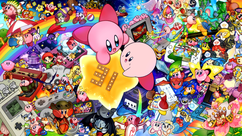 6+girls adeleine anniversary bandana bandana_waddle_dee bird blonde_hair blue_bandana blue_eyes blue_hair blush bow bowtie broom bug butterfly character_request controller copyright_request crown daroach doc_(kirby) elfilin elline_(kirby) facial_hair flamberge_(kirby) flower food francisca_(kirby) fruit game_boy game_boy_advance game_console game_controller gamecube gamecube_controller goggles goggles_on_headwear gooey_(kirby) green_hair handheld_game_console hat headdress highres holding holding_food holding_fruit holding_ice_cream holding_mallet holding_paint_palette holding_paintbrush holding_polearm holding_sword holding_umbrella holding_weapon ice_cream ice_cream_cone insect king_dedede kirby kirby&#039;s_dream_land kirby&#039;s_dream_land_3 kirby&#039;s_epic_yarn kirby&#039;s_return_to_dream_land kirby&#039;s_star_stacker kirby:_planet_robobot kirby:_star_allies kirby_(series) kirby_64 kirby_and_the_forgotten_land kirby_and_the_rainbow_curse kirby_squeak_squad magolor mallet maxim_tomato meta_knight minecart mining_helmet mr._star multicolored_hair multiple_girls mustache nintendo nintendo_ds one_eye_closed onigiri open_mouth paint_palette paintbrush pink_hair polearm prince_fluff rainbow rainbow_hair rate_muto red_bow red_bowtie red_hair red_ribbon ribbon ribbon_(kirby) spinni squeakers storo sunglasses susie_(kirby) sword sword_kirby taranza tongue tongue_out umbrella waddle_dee weapon white_eyes white_hair wii wii_remote yellow_eyes zan_partizanne