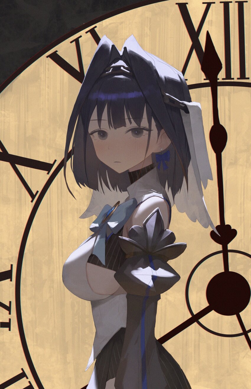 1girl absurdres black_eyes black_hair black_skirt bow bow_earrings breasts chain chain_headband clock detached_sleeves earrings grey_sleeves hair_intakes highres hololive hololive_english jewelry large_breasts looking_at_viewer medium_hair ouro_kronii ouro_kronii_(1st_costume) seuhu shirt sideboob skirt solo veil virtual_youtuber white_shirt