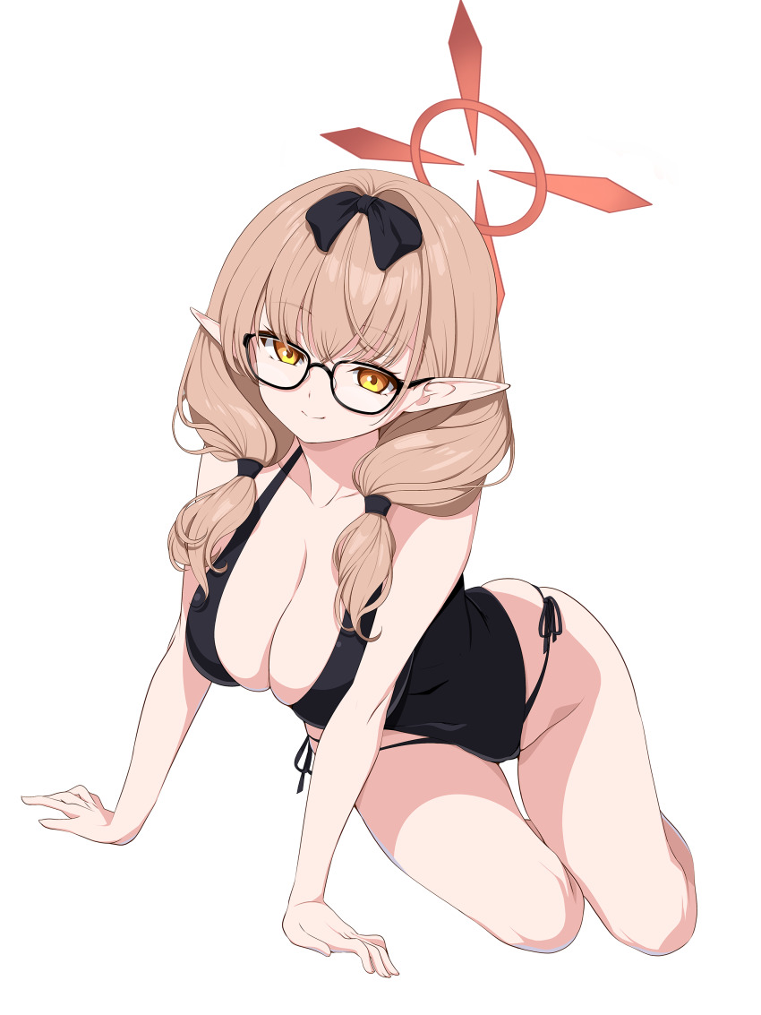 1girl absurdres alternate_costume arm_support black-framed_eyewear black_bow black_one-piece_swimsuit blue_archive bow breasts brown_hair chinatsu_(blue_archive) collarbone full_body glasses groin hair_bow halo highres koflif large_breasts light_smile looking_at_viewer one-piece_swimsuit pointy_ears simple_background solo swimsuit twintails white_background yellow_eyes