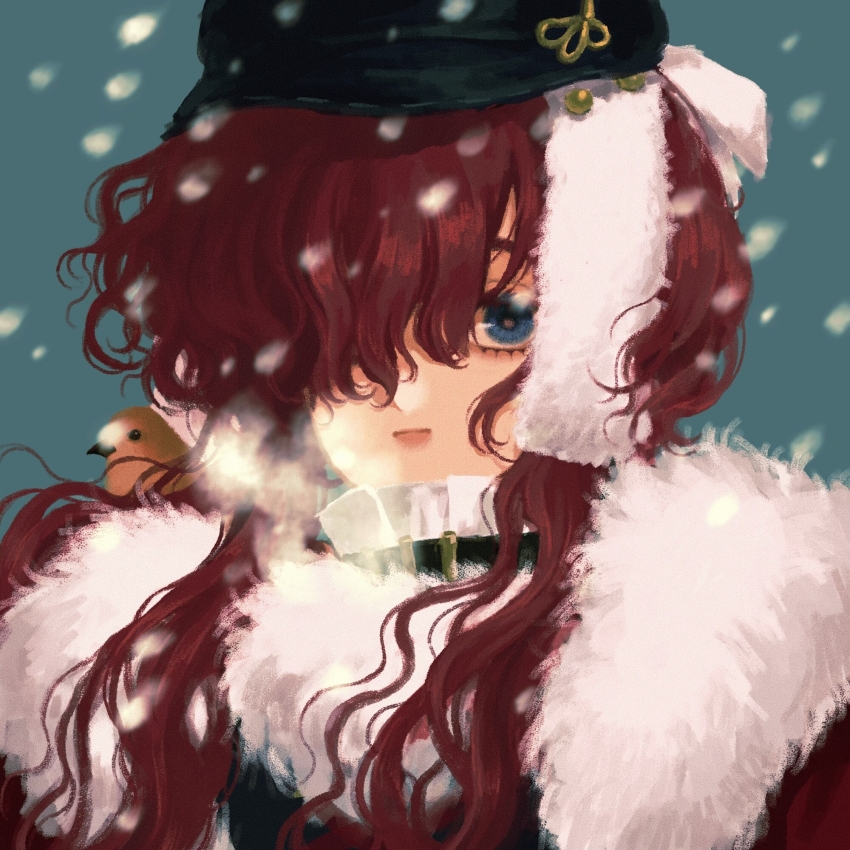 1girl animal animal_on_shoulder bird bird_on_shoulder black_hat blue_background blue_eyes brown_bird newsboy_cap cape closed_mouth curly_hair fur-trimmed_cape fur_trim hair_over_one_eye hat heqiao highres long_hair looking_at_viewer one_eye_covered portrait red_hair reverse:1999 solo steam_from_mouth yenisei_(reverse:1999)