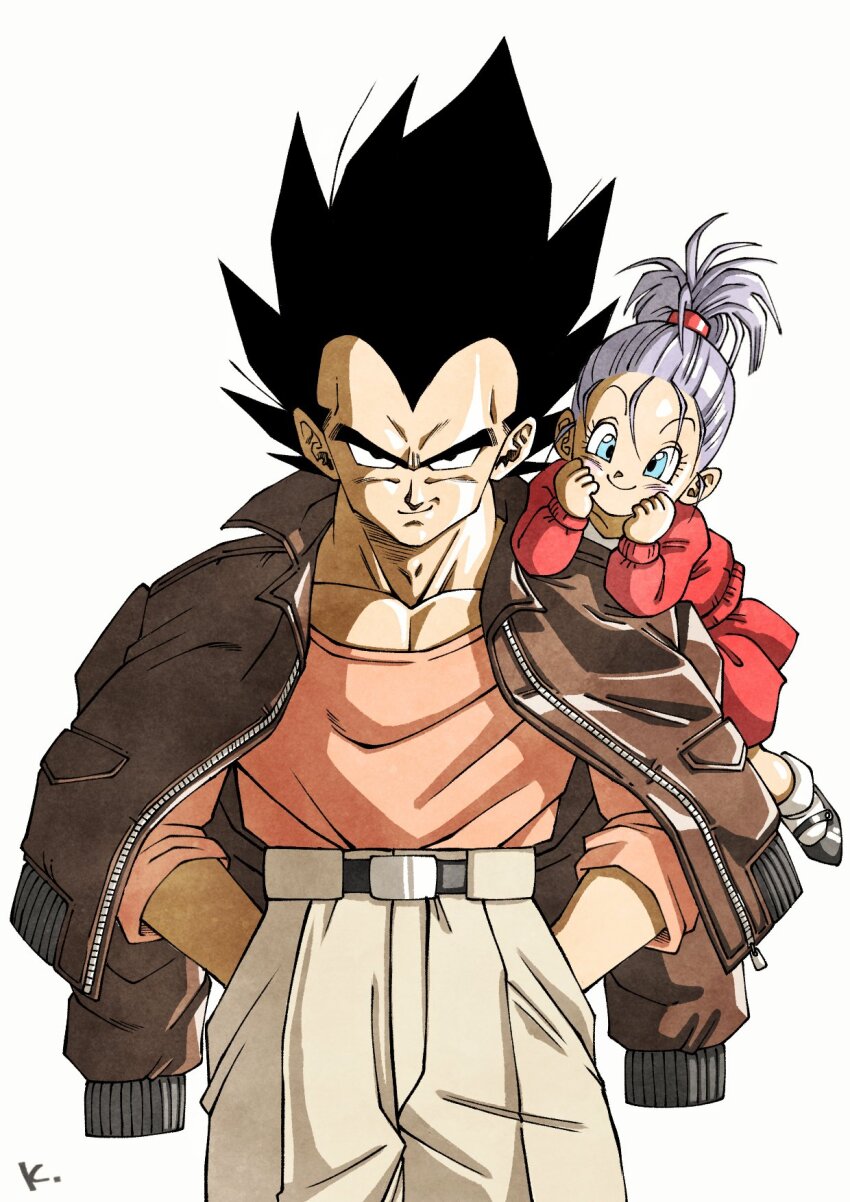 1boy 1girl black_hair blue_eyes bra_(dragon_ball) brown_jacket dragon_ball dragonball_z father_and_daughter hands_in_pockets highres jacket jacket_on_shoulders kakeru_(dbskakeru) open_clothes open_jacket pants pink_shirt ponytail red_skirt red_sweater shirt simple_background skirt spiked_hair sweater toriyama_akira_(style) vegeta white_background white_hair white_pants