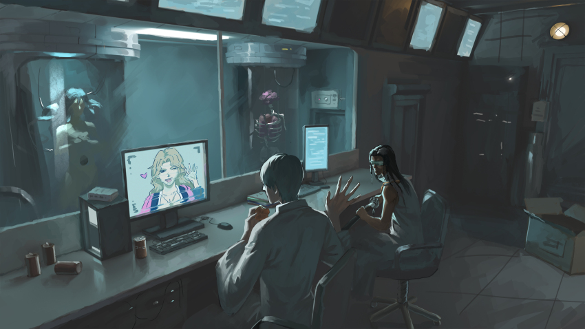 1girl 2boys ;d absurdres black_hair bleach brain brown_hair can chair closed_mouth commentary_request computer_keyboard computer_mouse dark dark-skinned_male dark_skin eating facing_another food from_behind goggles grey_hair hand_up happy heart highres holding holding_food holding_sword holding_weapon hole_in_stomach ichimaru_gin indoors katana long_hair long_sleeves looking_at_another matsumoto_rangiku monitor multiple_boys mylittleimp office_chair one_eye_closed open_mouth parted_bangs short_hair sitting skeleton smile stasis_tank swivel_chair sword tousen_kaname waving weapon wide_shot wide_sleeves