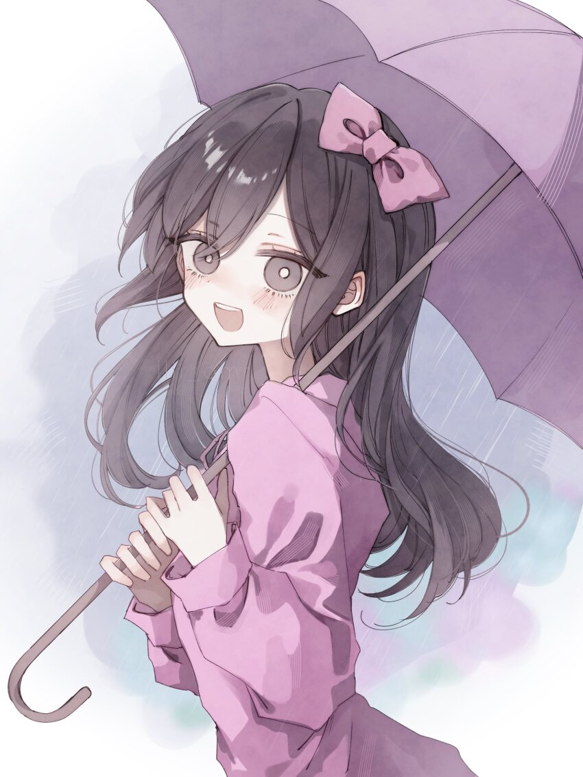 1girl absurdres aged_down aubrey_(faraway)_(omori) aubrey_(omori) black_eyes black_hair blush bow bright_pupils hair_bow hanabata0320 highres long_hair long_sleeves looking_at_viewer omori open_mouth pink_bow pink_raincoat pink_umbrella rain raincoat smile solo teeth umbrella upper_teeth_only white_pupils
