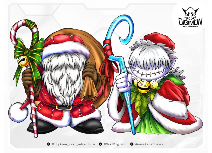 babamon candy candy_cane christmas digimon digimon_(creature) food hat highres jijimon nextdigimon original santa_costume santa_hat smile staff