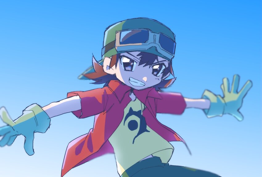1boy blue_background brown_hair cowboy_shot digimon digimon_frontier goggles goggles_on_head highres jacket kanbara_takuya male_focus medium_hair megane_mochi red_jacket shirt simple_background smile solo yellow_shirt
