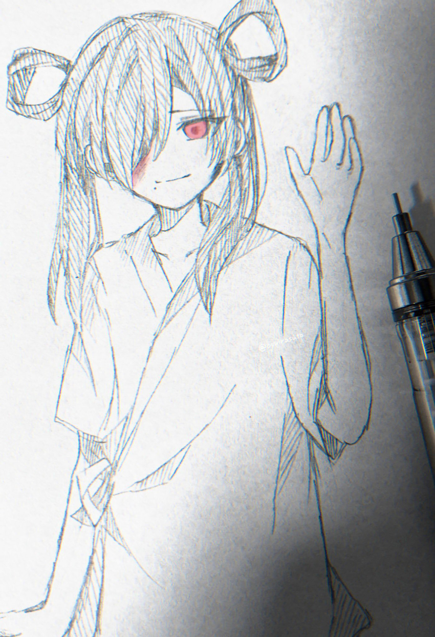 1boy art_tools_in_frame blood blood_on_face gobanme highres long_hair mama_ni_aitai mole mole_under_mouth one_eye_covered oyuirasuto photo_(medium) red_eyes sketch smile traditional_media trap twintails waving