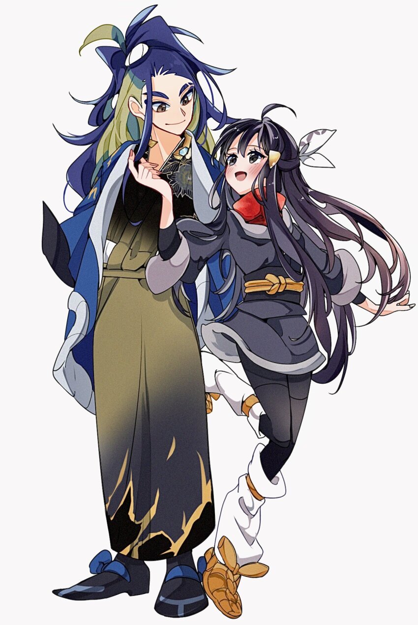 1boy 1girl adaman_(pokemon) akari_(pokemon) black_hair black_sash blue_coat blue_hair blush brown_eyes closed_mouth coat cocoa_s3 diamond_clan_outfit eyebrow_cut eyelashes galaxy_expedition_team_survey_corps_uniform green_hair grey_eyes highres jacket japanese_clothes jewelry kimono long_hair loose_socks multicolored_hair nintendo open_mouth pantyhose pokemon pokemon_legends:_arceus ponytail red_scarf sash scarf shirt sidelocks smile socks