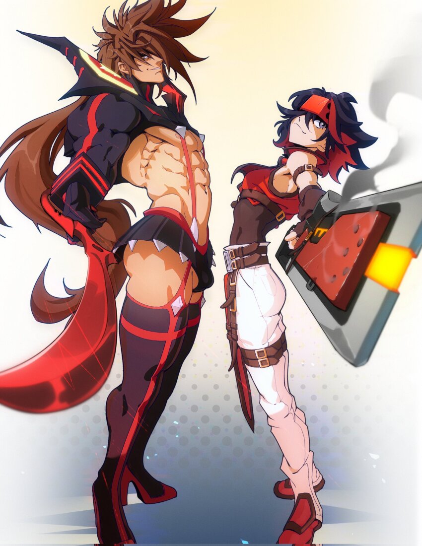 1boy 1girl abs arm_strap belt big_hair black_hair black_skirt brown_belt brown_hair bulge commentary corrupted_twitter_file cosplay costume_switch crossdressing crossover easterhands english_commentary fireseal foreshortening from_side garter_straps grin guilty_gear hair_over_one_eye headband high_heels highres holding holding_weapon kill_la_kill long_hair matoi_ryuuko multicolored_hair navel pants parted_lips pleated_skirt pointing_melee_weapon ponytail red_hair red_shoes scissor_blade_(kill_la_kill) senketsu shoes skirt smile smoke sol_badguy thighhighs two-tone_hair very_long_hair weapon weapon_switch white_pants