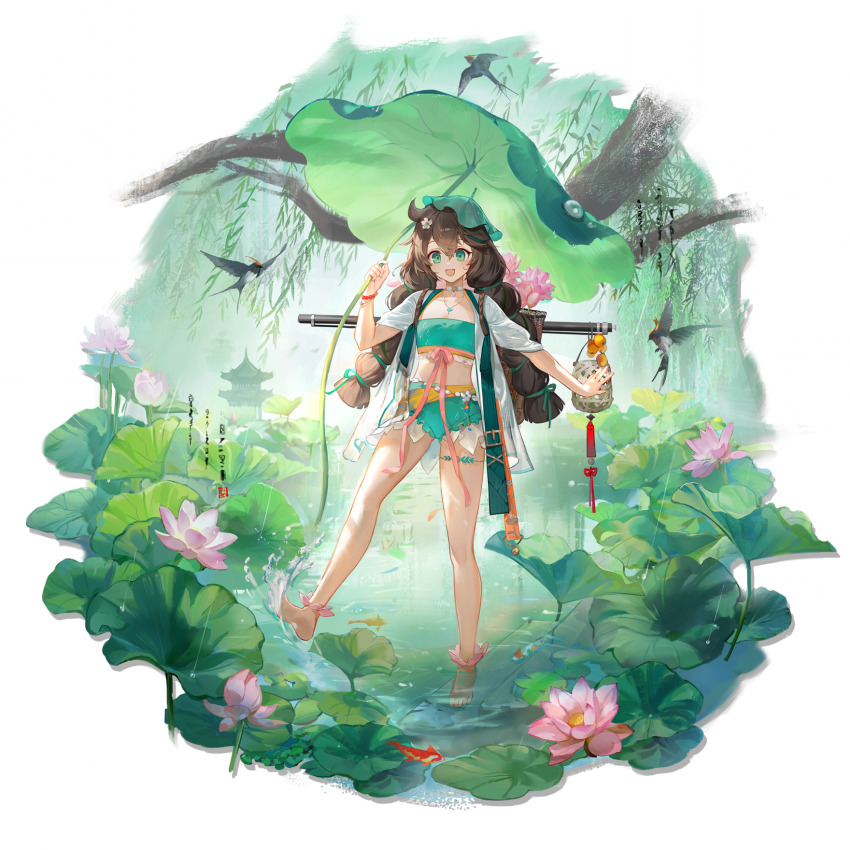 1girl :d ankle_flower arknights backpack_basket bare_legs bead_bracelet beads belt bikini bird bracelet brown_hair calligraphy choker cuora_(amongst_lotuses)_(arknights) cuora_(arknights) flower food frilled_bikini frills fruit full_body green_belt green_bikini green_eyes green_hair green_ribbon hair_between_eyes hair_flower hair_ornament hair_ribbon highres holding holding_leaf jacket jacket_over_swimsuit jewelry koi leaf leaf_on_head long_hair lotus lotus_leaf multi-tied_hair multicolored_hair necklace official_alternate_costume official_art open_mouth outdoors pagoda pink_flower pink_ribbon pond rain ribbon see-through_clothes see-through_jacket short_sleeves smile solo splashing standing strapless strapless_bikini streaked_hair studio_montagne swimsuit tassel thigh_strap third-party_source transparent_background tree turtle_girl twintails two-tone_hair wading water white_choker white_jacket wicker_basket