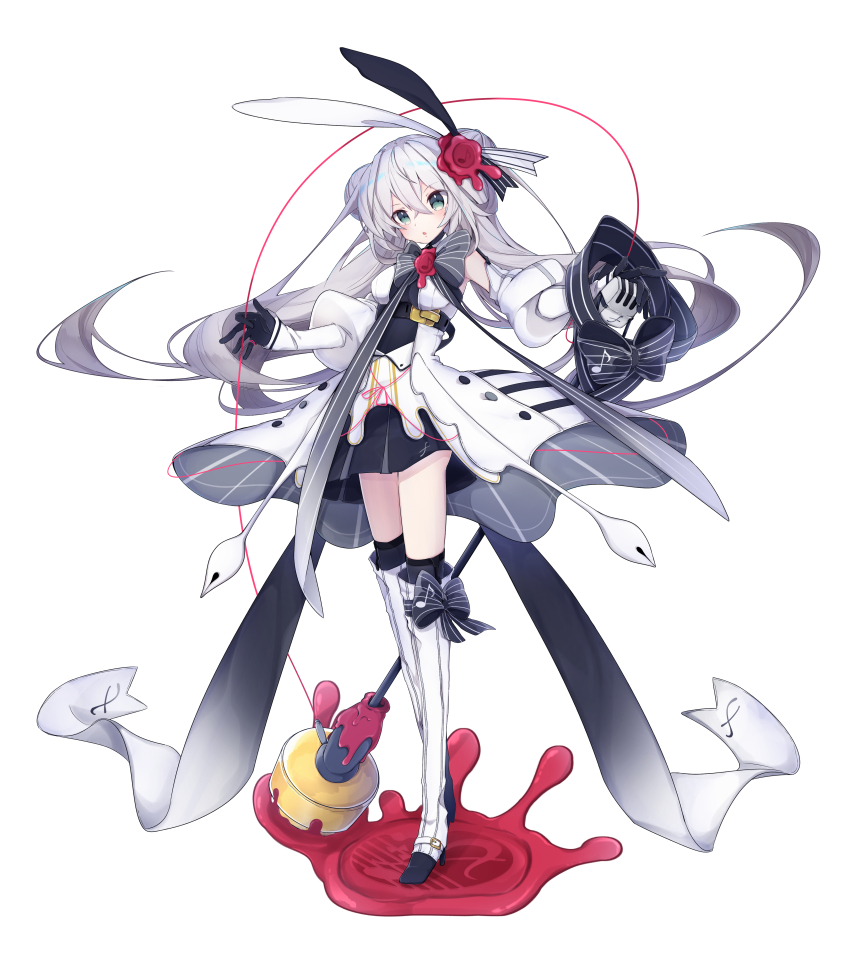 1girl absurdres aqua_eyes belt black_gloves black_skirt blue_bow boots bow bowtie breasts chuuko_anpu commentary_request crossed_bangs detached_sleeves double_bun dress eighth_note eleanor_forte female_focus forte_(symbol) gloves grey_bow hair_between_eyes hair_bun hair_ribbon highres holding holding_microphone_stand knee_boots long_hair looking_at_viewer microphone_stand musical_note official_art parted_lips pleated_skirt puffy_sleeves red_ribbon ribbon sidelocks simple_background skirt sleeves_past_wrists solo standing striped_bow synthesizer_v twintails two-tone_ribbon very_long_hair wax_seal wax_seal_hair_ornament white_background white_boots white_dress white_hair