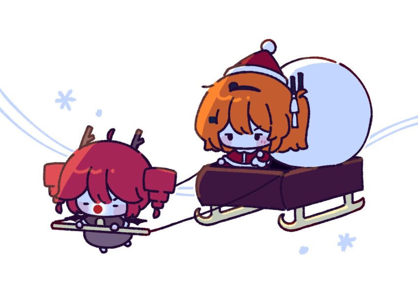 2girls a.i._voice adachi_rei alternate_costume antlers chibi chibi_only christmas commentary cosplay drill_hair flying hat highres holding holding_sack horns jacket kasane_teto mei_(meiday_mise) multiple_girls one_side_up orange_hair red_hair red_hat red_jacket red_nose reindeer_antlers rudolph_the_red_nosed_reindeer rudolph_the_red_nosed_reindeer_(cosplay) sack santa_costume santa_hat sleigh symbol-only_commentary twin_drills utau white_background winter