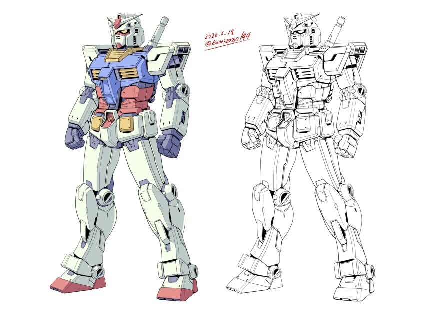 clenched_hands dated gundam highres kamizono_(spookyhouse) lineart mecha mobile_suit_gundam multiple_views no_humans robot rx-78-2_gundam standing twitter_username white_background yellow_eyes