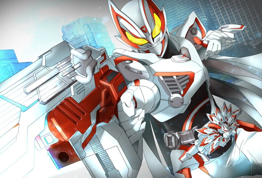 1boy aiming aiming_at_viewer armor bodysuit cape city cityscape commentary rider_belt flaming_eye fox_mask geats_buster_qb9 glowing glowing_eyes gunblade helmet holding holding_sword holding_weapon kamen_rider kamen_rider_geats kamen_rider_geats_(series) kamen_rider_geats_ix light_particles male_focus mask miyabi_(037) solo sword weapon yellow_eyes